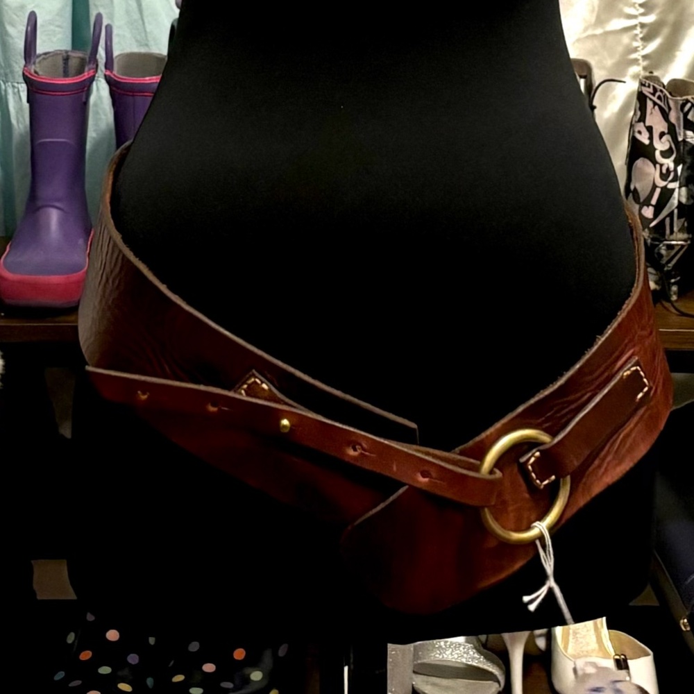 Wide, Brown Leather Belt, Brass tone Ring, adjustable leather strap closure